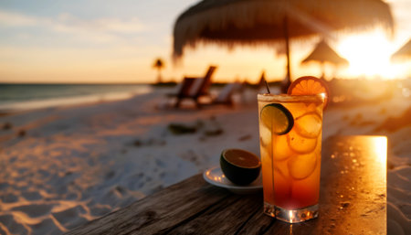 Cocktail on the beach at sunset. Selective focus.の素材