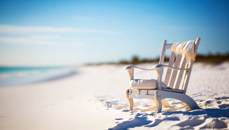 White wooden chair on white sand beach. Vacation and travel conceptの素材