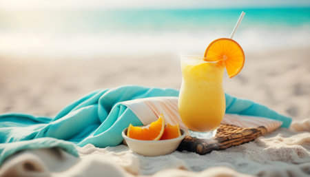 Glass of fresh orange smoothie on beach, space for text. Summer vacationの素材