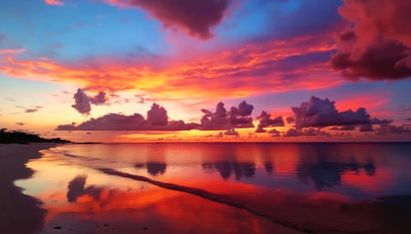 Beautiful sunset on a tropical beach. Colorful sky with clouds reflected in water.の素材