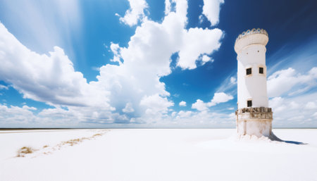 Lighthouse on the beach under blue sky with white clouds in winterの素材