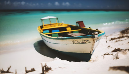 Fishing boat on the beach at sunset. Selective focus.の素材