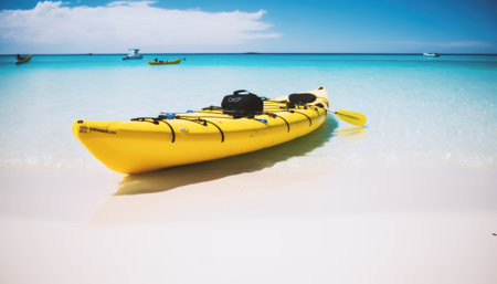 Yellow kayak on white sand beach with turquoise water and blue skyの素材