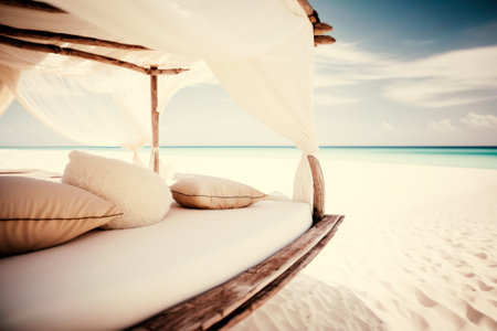 Beach bed with pillows on tropical beach - vintage filter effectの素材