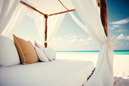Beach Bed with Pillow on Tropical Beach. Vacation Concept.の素材
