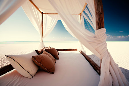 Luxury Bed on the beach. Vacation and travel conceptの素材
