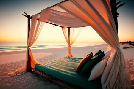 Beautiful sunset on the beach with a canopy bed and pillowsの素材