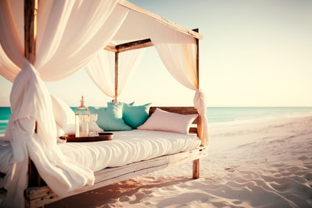Bed with pillows on the beach. Vacation and travel conceptの素材
