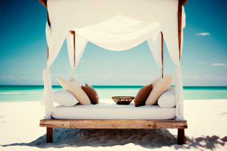 beach chair with pillows and cushions on a tropical beachの素材