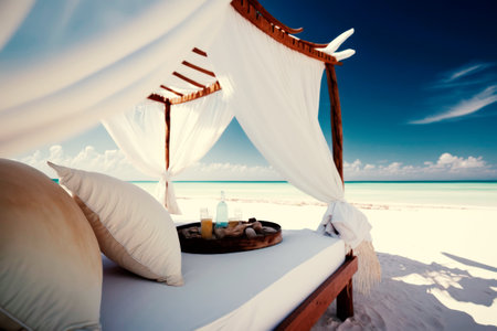 Beautiful beach bed on a sunny day. Vacation concept.の素材