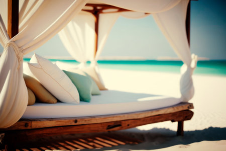 Beach bed with pillows on the white sand of tropical beachの素材
