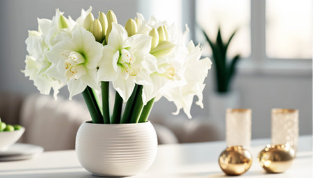 Beautiful white amaryllis flowers in vase on table indoorsの素材