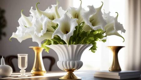 Beautiful white calla lilies in vase on table indoorsの素材