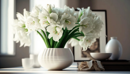 Beautiful flowers in vase on table in room, closeupの素材