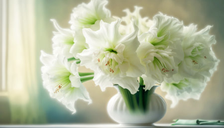 Bouquet of white amaryllis flowers in vase on window backgroundの素材