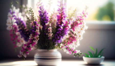 heather flowers in a vase on the windowsill in the morningの素材