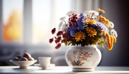 Bouquet of dried flowers in vase on table in roomの素材