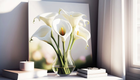 White calla lilies in vase on windowsill, books and candlesの素材