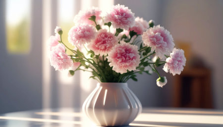 Bouquet of beautiful pink carnations in vase on windowsill