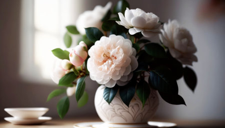 Beautiful white camellia flowers in vase on table indoorsの素材