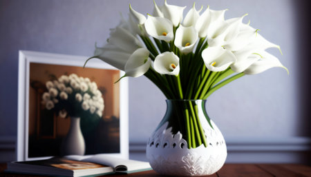 Bouquet of white calla lilies in a vase on the tableの素材
