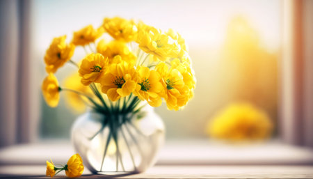 Bouquet of yellow tulips in a vase on the windowsillの素材