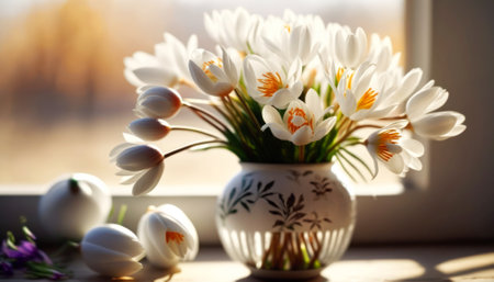 Bouquet of white crocuses in vase on windowsillの素材