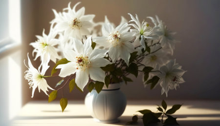 Beautiful bouquet of white clematis in vase on windowsillの素材