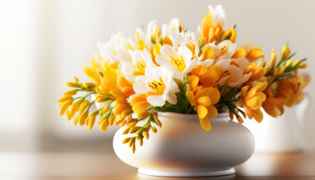 Bouquet of beautiful freesia flowers in vase on tableの素材