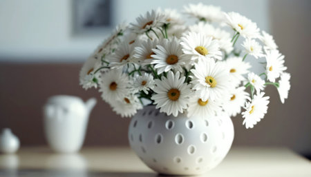 Beautiful bouquet of daisies in vase on table indoorsの素材
