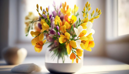 Bouquet of crocus flowers in vase on windowsillの素材