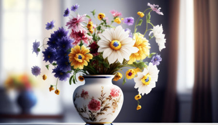 Bouquet of colorful flowers in vase on table in roomの素材