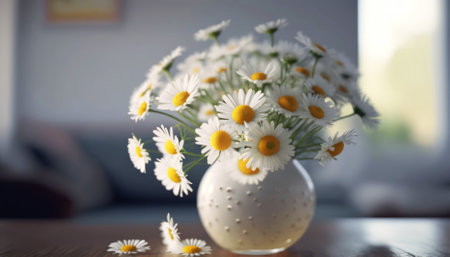 Beautiful bouquet of daisies in vase on tableの素材