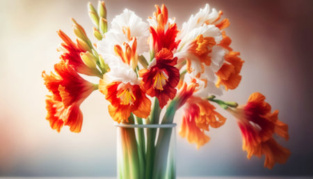 Bouquet of gladiolus flowers in vase on light backgroundの素材