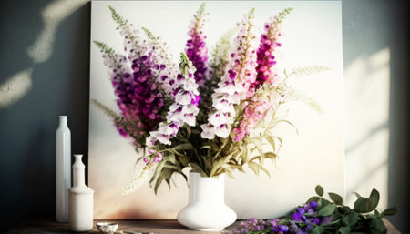 Beautiful flowers in vase on table near wall. Interior designの素材