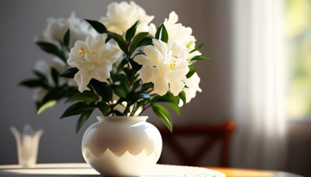 Beautiful blooming rhododendrons in vase on table indoorsの素材