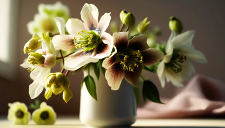 Beautiful bouquet of spring flowers in vase on table, closeupの素材
