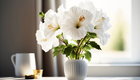 Beautiful white hibiscus flowers in vase on window sillの素材
