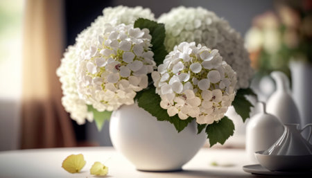 White hydrangea flowers in a vase on the tableの素材