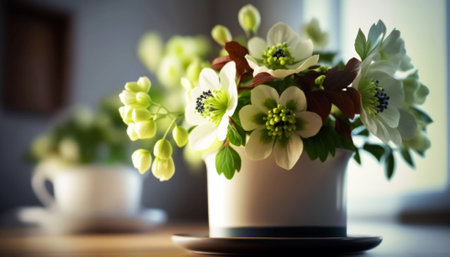 A bouquet of white hellebore flowers in a vaseの素材