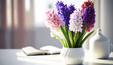 Beautiful hyacinths in vase on table, closeupの素材