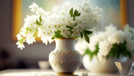 Beautiful bouquet of white lilacs in vase on tableの素材