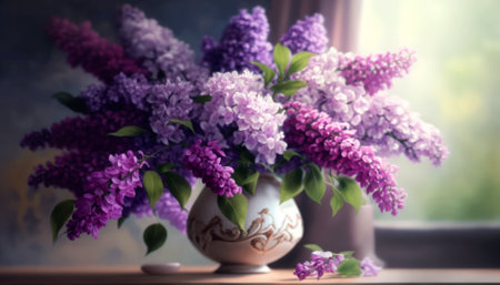 Bouquet of lilacs in a vase on the windowsillの素材