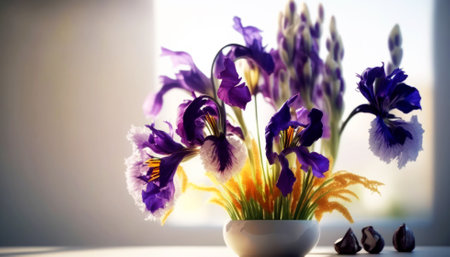 Bouquet of irises in a vase on the windowsillの素材