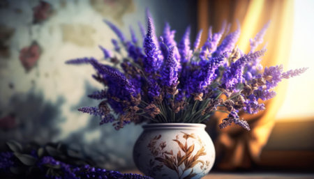 Bouquet of lavender in a vase on a wooden tableの素材