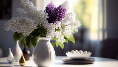 Vase with lilac flowers on table in room, closeupの素材