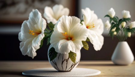 White hibiscus flowers in vase on wooden table.の素材