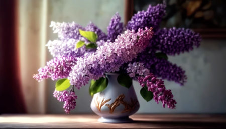 Bouquet of lilacs in a vase on the windowsillの素材