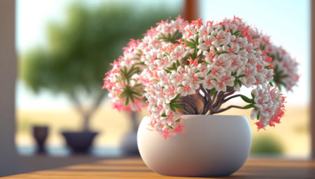 Pink hyacinth in a pot on the table. 3d renderingの素材