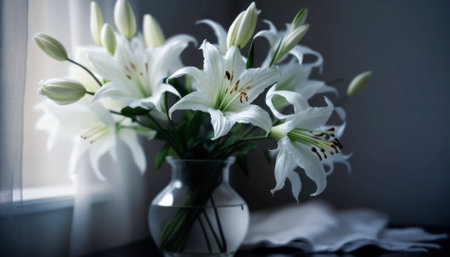 Bouquet of white lilies in a vase on the windowsillの素材